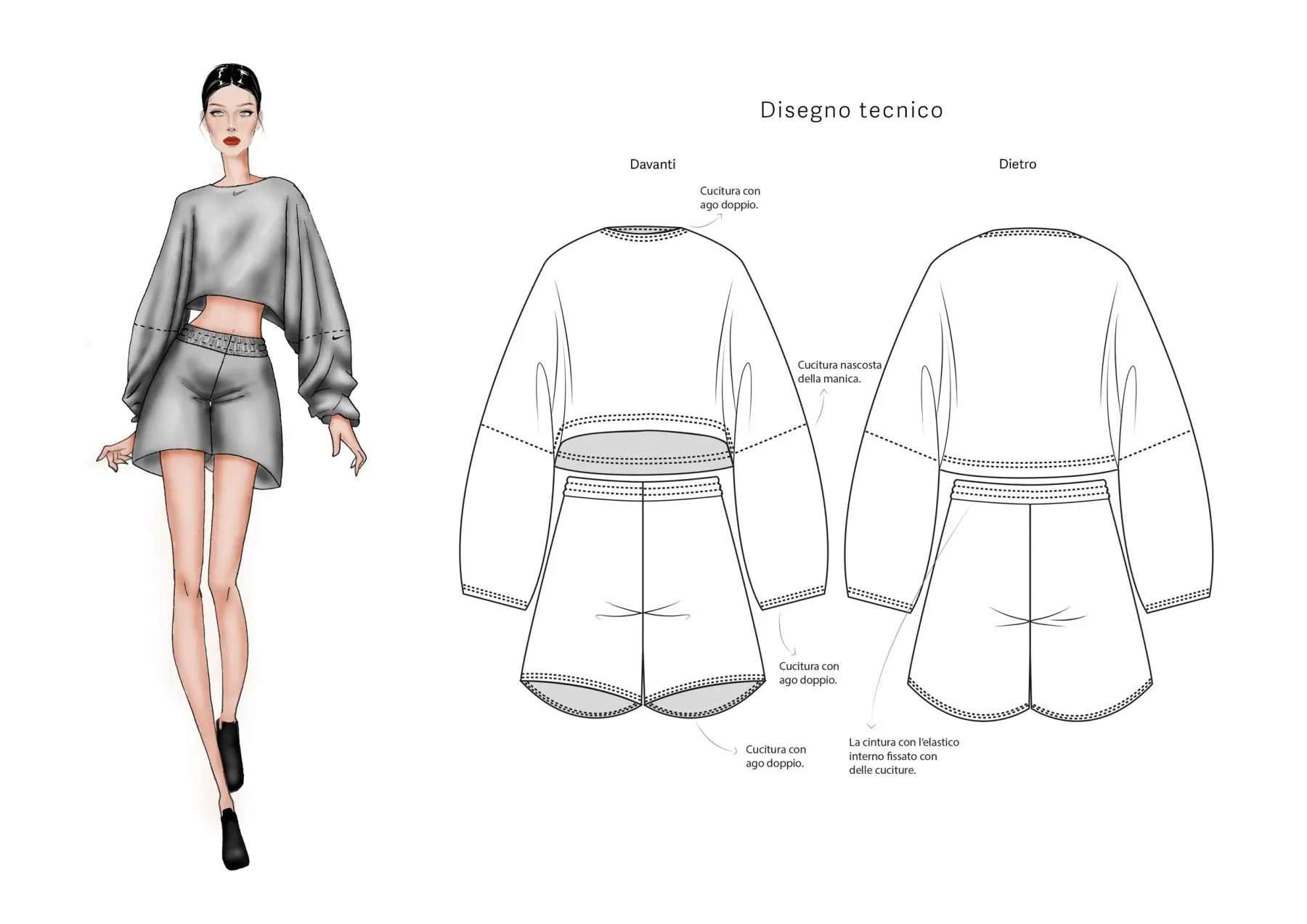 Sportswear — figurino e disegno tecnico dell'outfit total look
