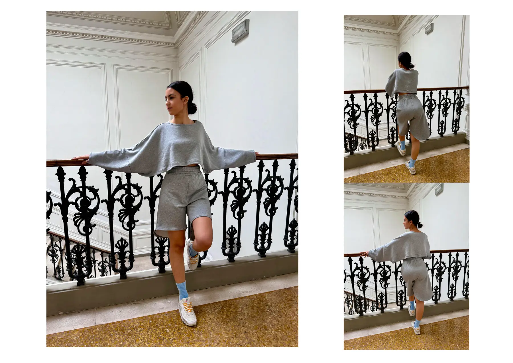 Sportswear: oversized cropped sweatshirt and shorts in grey fleece jersey, front and back on a staircase
